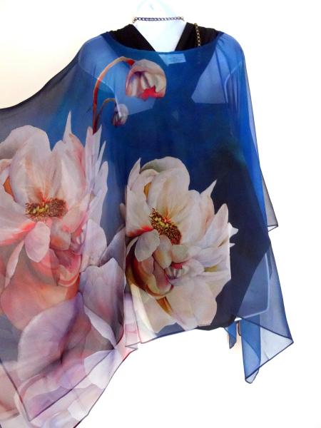 Hummingbirds & Peony flowers on Blue Poncho - Cover up - Sheer Poncho - Sheer Caftan picture