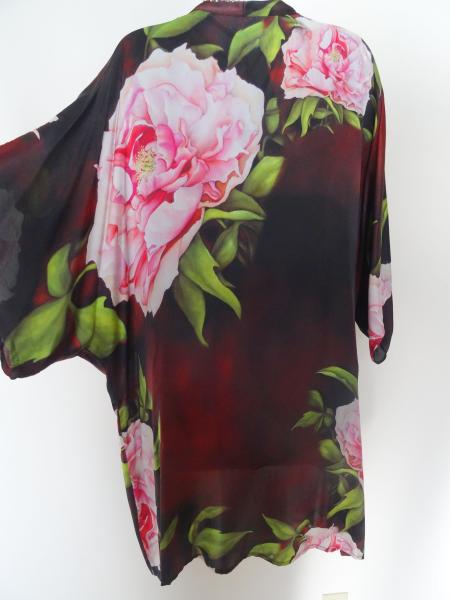 Pink / Orange peonies on field of Brown Kimono Cover-Up, Satin picture