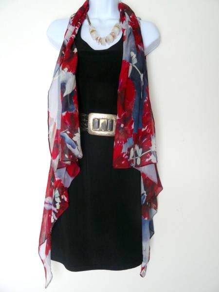 Red vibrant hollyhocks and delicate dragonflies Sleeveless Duster/Vest/Poncho