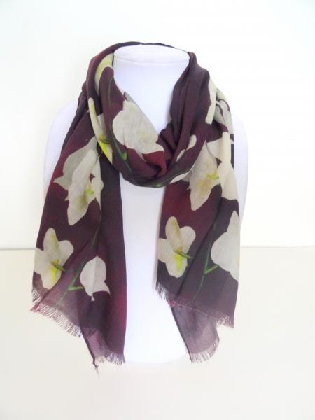 White Orchid Spray on Burgundy/Merlot Wool Scarf
