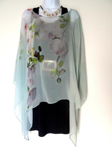 Sea Glass mint green with White Orchid Floral Poncho - Cover Up - Orchids Sheer Poncho - Sheer Caftan