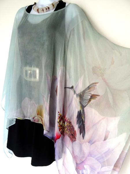 Hummingbirds & Peony Flowers Sheer Cover up - Caftan - Poncho