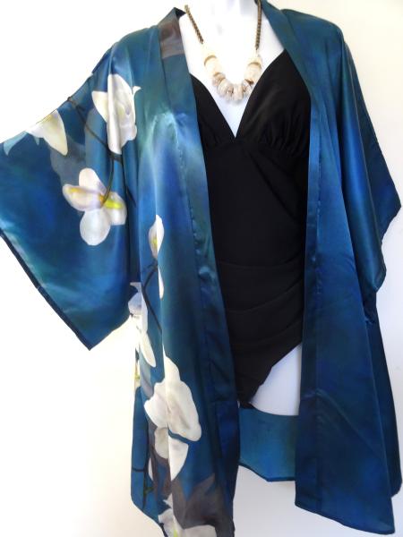 Orchids with Love Kimono Cover-Up, Satin, Prussian Blue