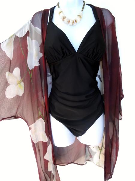 Orchids with Love Kimono Cover-Up, Sheer, Burgundy/Merlot