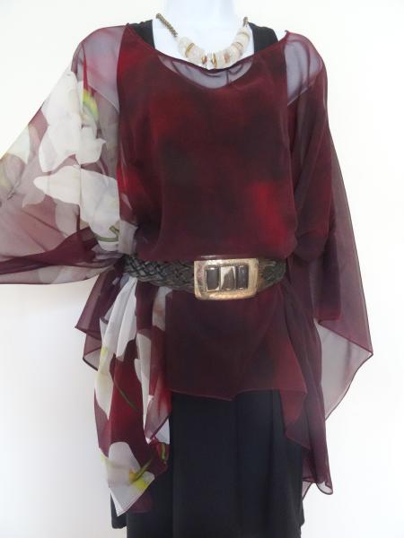Burgundy/Merlot Floral Poncho - Cover Up - Orchids Sheer Poncho - Sheer Caftan