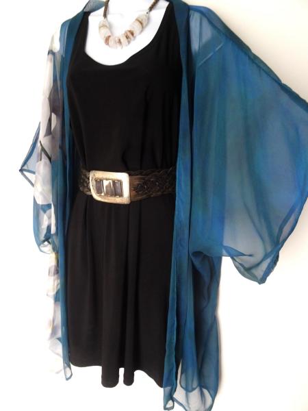 White Orchid Spray Kimono Cover-Up, Sheer, Prussian Blue picture