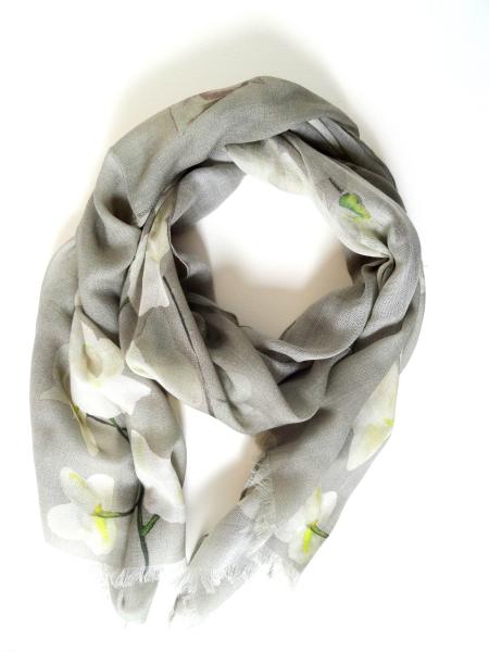 White Orchid Spray on Gray Wool Scarf