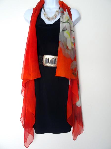 White Orchids on Burnt Orange Sleeveless Duster/Vest/Poncho