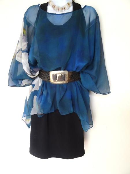 Brilliant Blue White Orchid Floral Poncho - Cover Up - Orchids Sheer Poncho - Sheer Caftan