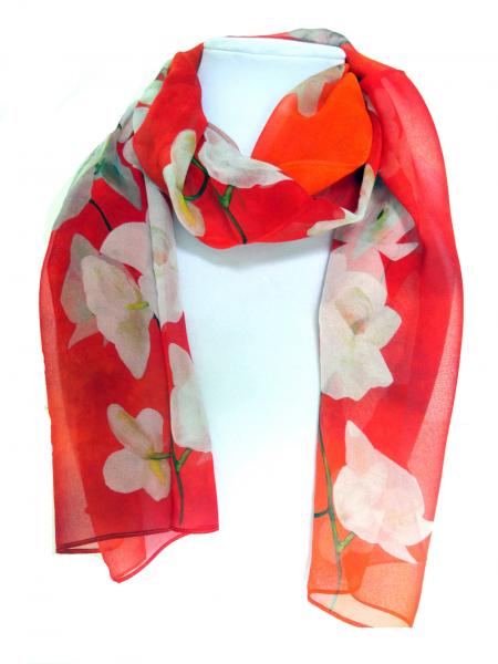 White Tropical Orchids on Burnt / Tangerine Orange