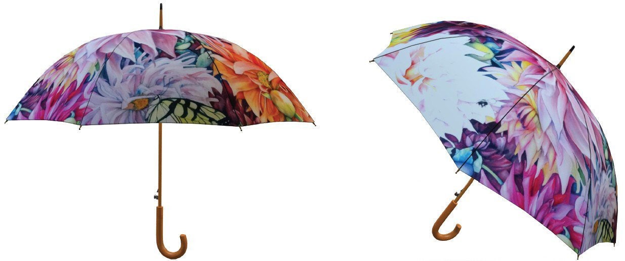 Artful Umbrella - "Nature's Bounty" Colorful Dahlias & Pollinaators