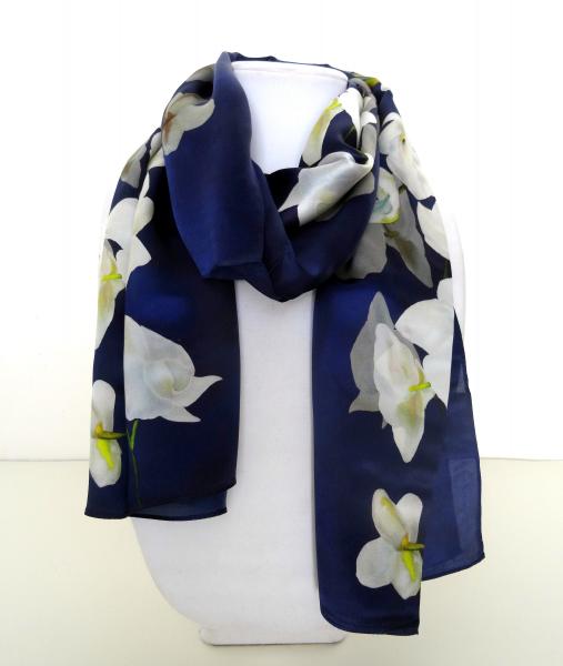 Navy Blue Scarf with White Orchid