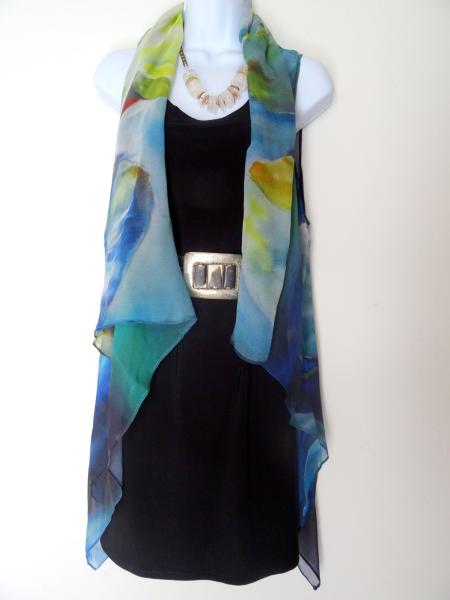 Abstract green & blue hues Sleeveless Duster/Vest/Poncho