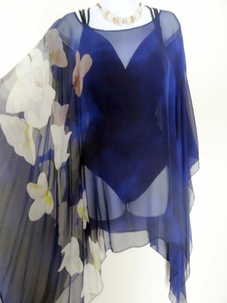 Navy Floral Poncho - Cover Up - Orchids Sheer Poncho - Sheer Caftan