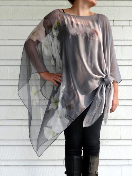 Classic Gray with White Orchid Floral Poncho - Cover Up - Orchids Sheer Poncho - Sheer Caftan picture