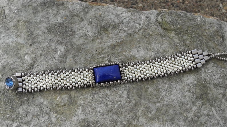 Hand Woven Lapis Cabochon Bracelet - Silver Galvanized picture