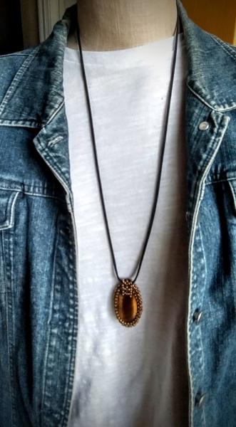 Bezeled Tiger Eye Long Cord Necklace picture