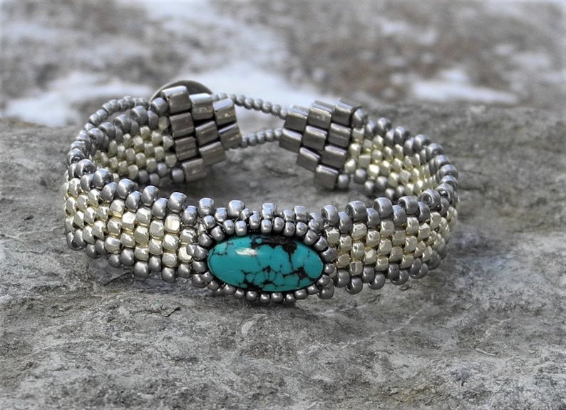 Hand Woven Turquoise Cabochon Bracelet - Silver Galvanized