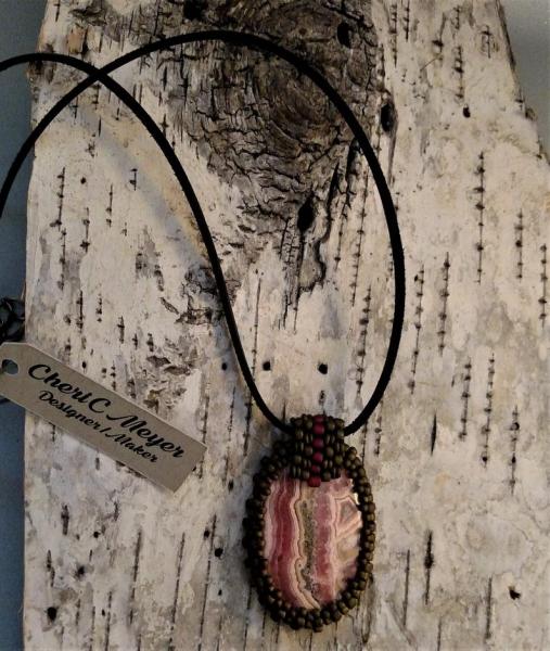 Long Rhodochrositer Cabochon with Beaded Bale Statement Necklace picture