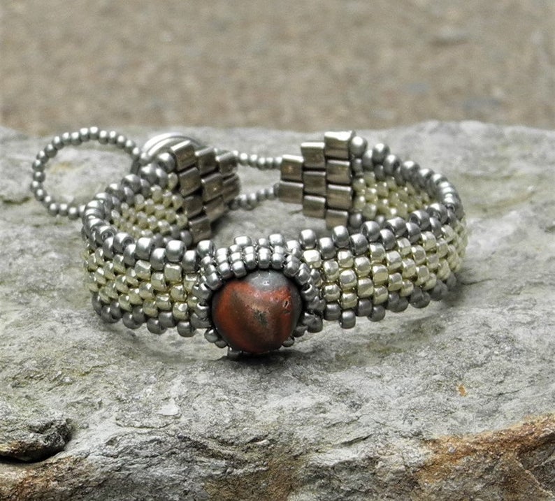 Hand Woven Lake Superior Thomsonite Cabochon Bracelet - Silver Galvanized picture