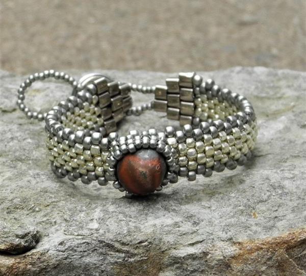 Hand Woven Lake Superior Thomsonite Cabochon Bracelet - Silver Galvanized picture