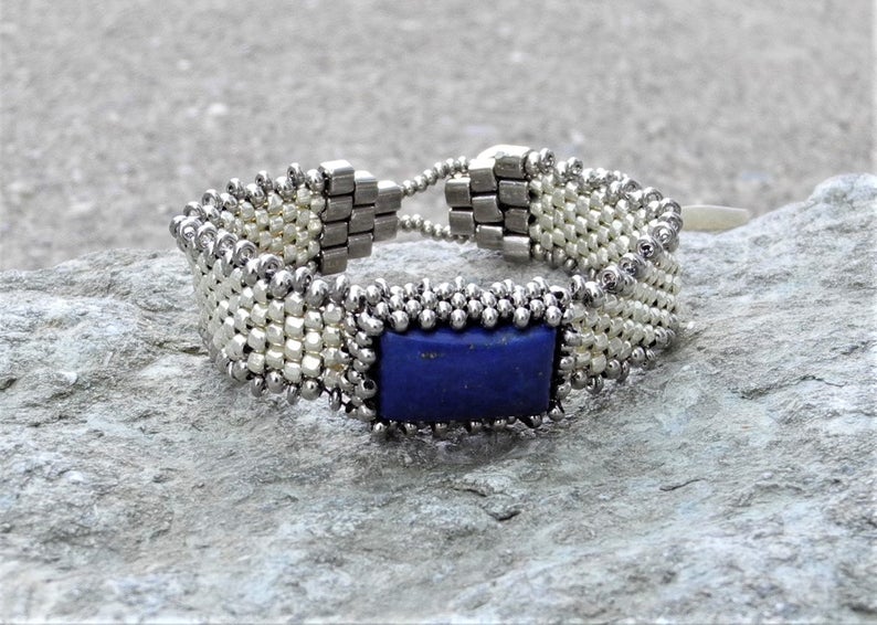 Hand Woven Lapis Cabochon Bracelet - Silver Galvanized