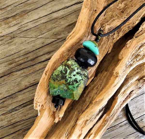 Chrysocolla - Turquoise - Black Onyx - Mixed Stone Pendant Statement Necklace picture
