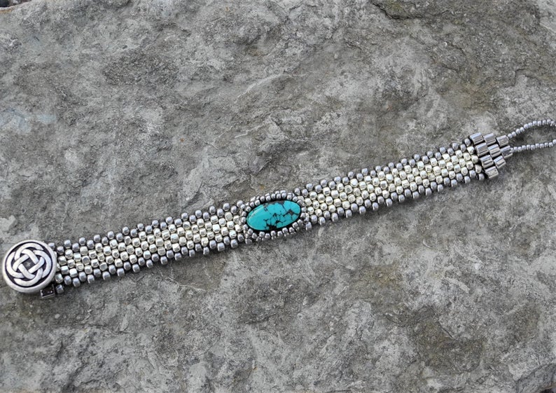 Hand Woven Turquoise Cabochon Bracelet - Silver Galvanized picture