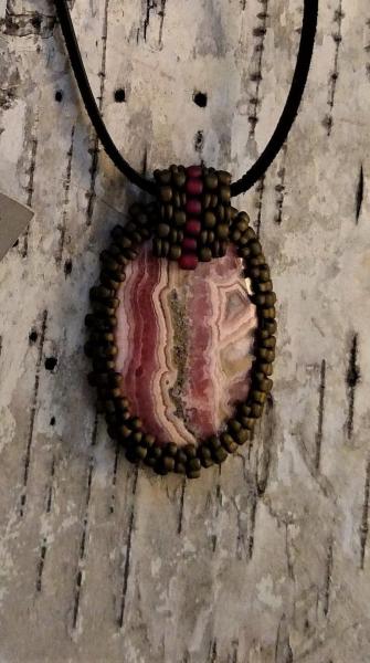 Long Rhodochrositer Cabochon with Beaded Bale Statement Necklace