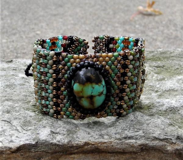 Hand Woven Turquoise Cabochon Tapestry Bracelet Cuff picture