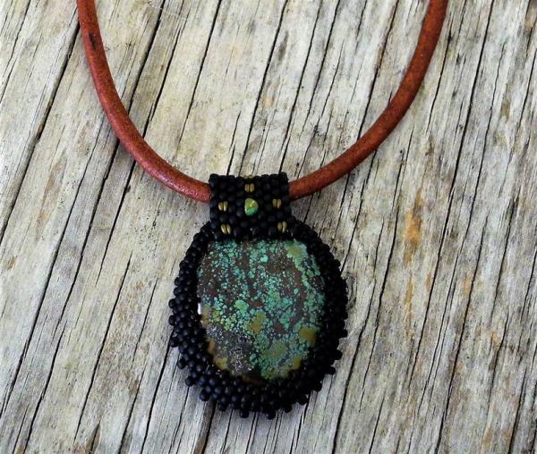 Tibetan Turquoise Cabochon with Beaded Bale Statement Necklace