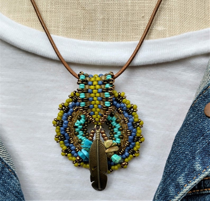 Hand Beaded Medallion with Beaded Bale Statement Necklace - Eventeny