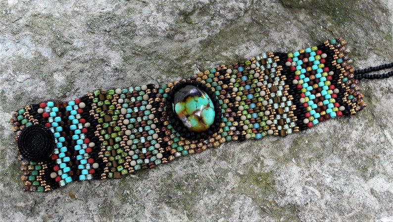 Hand Woven Turquoise Cabochon Tapestry Bracelet Cuff picture