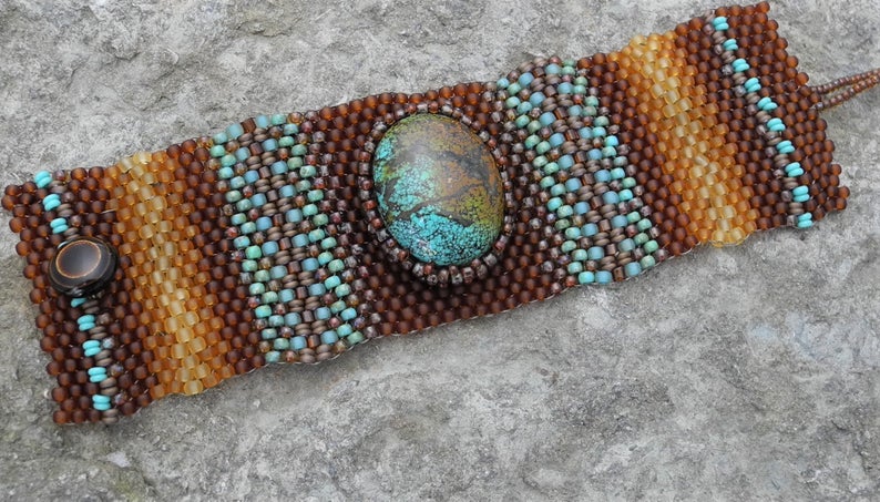 Hand Woven Turquoise Cabochon Tapestry Bracelet Cuff picture