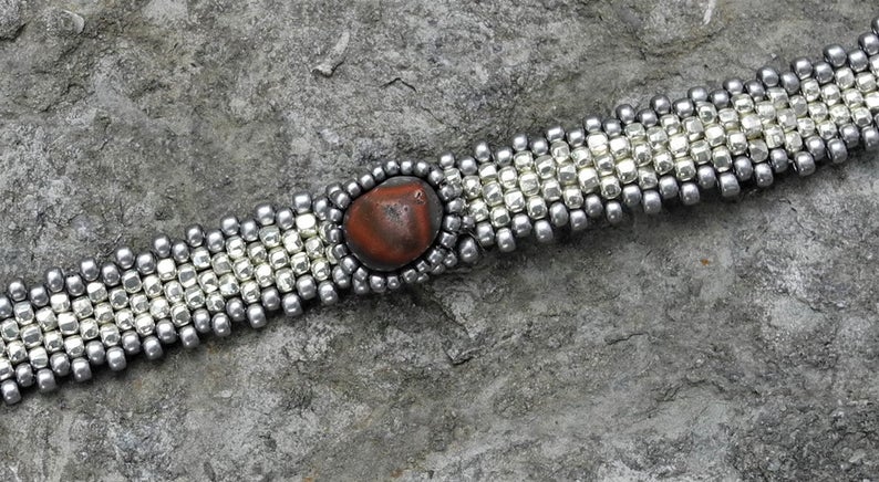 Hand Woven Lake Superior Thomsonite Cabochon Bracelet - Silver Galvanized