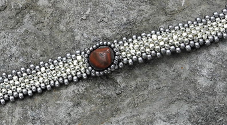 Hand Woven Lake Superior Thomsonite Cabochon Bracelet - Silver Galvanized picture