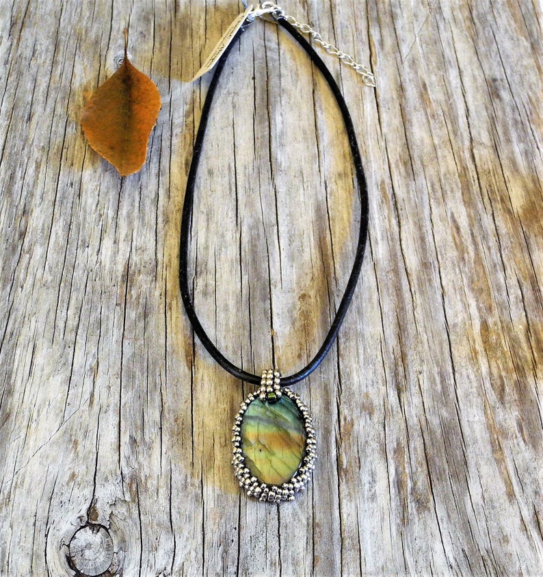 Shimmering Labradorite Cabochon Pendant Necklace with Beaded Bale picture