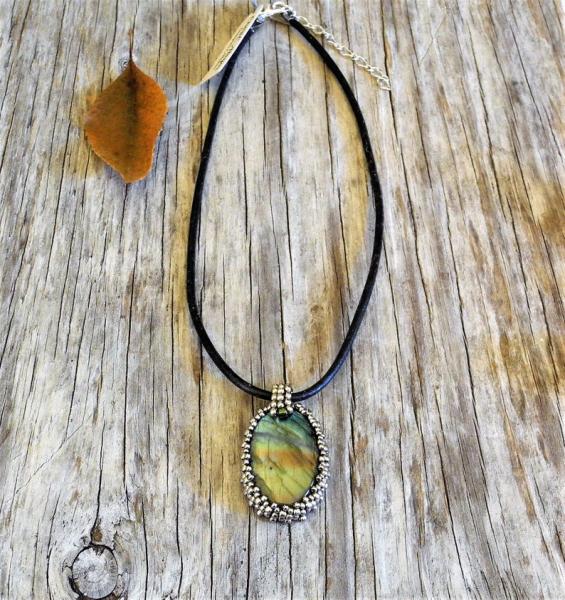 Shimmering Labradorite Cabochon Pendant Necklace with Beaded Bale picture