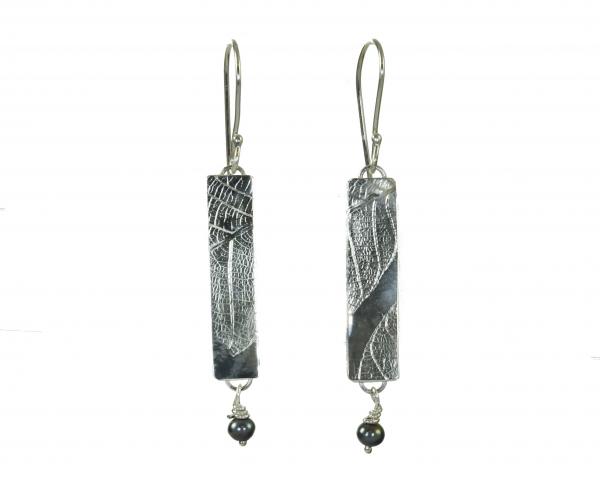 B.02 Leaf Texture Rectangle & Black Pearl Dangle Earrings picture