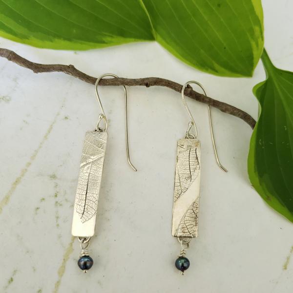 B.02 Leaf Texture Rectangle & Black Pearl Dangle Earrings picture