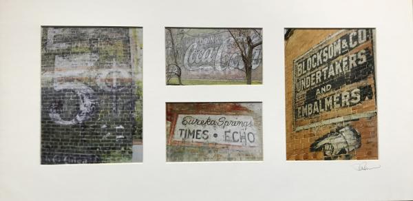 Four photos of painting on brick buildings