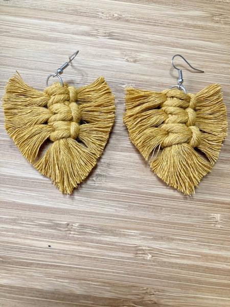 Macrame Feather Earrings- Mustard