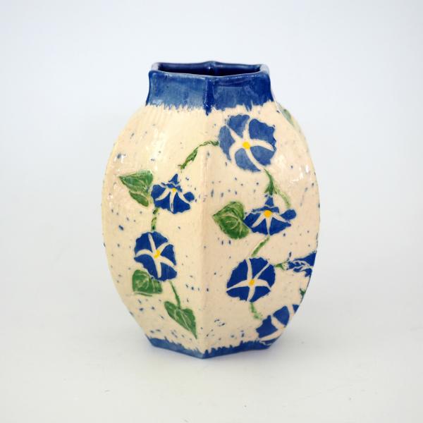 Handmade Sgraffito pottery, a hand carved ginger jar with morning glory vine
