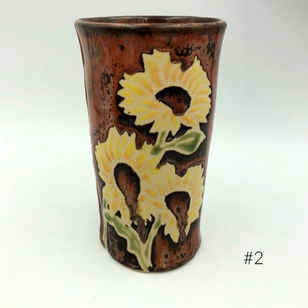 Handmade Tumbler with Sunflowers and Copper Glaze picture