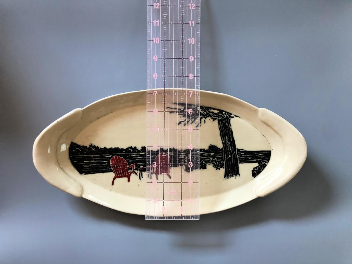 Hand carved, hand painted, hand built, ceramic platter with a pair of Adirondack chairs awaiting you picture