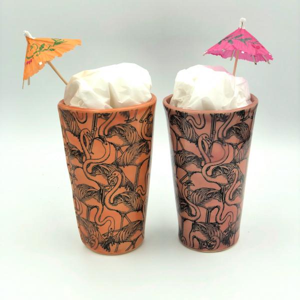 Handmade pottery tumbler, glass or shot glass with fun flamingo design in 3 sizes and 2 colors. picture