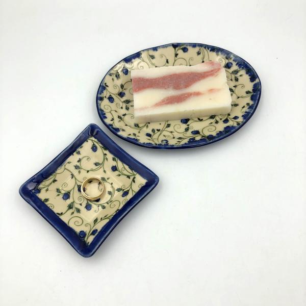 Ceramic soap dish & ring dish set in beautiful floral design and poppy or cobalt glaze picture