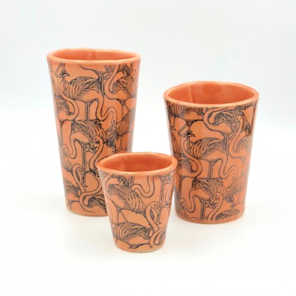 Handmade pottery tumbler, glass or shot glass with fun flamingo design in 3 sizes and 2 colors. picture