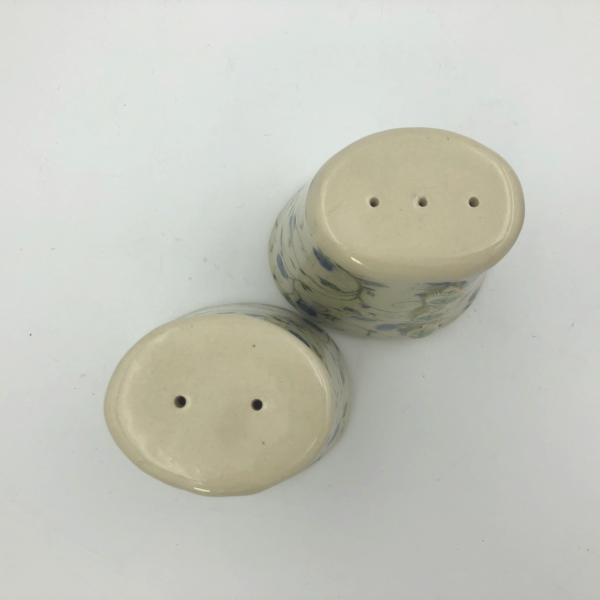 Handmade ceramic salt and pepper set in cute calico floral pattern in pink or blue picture