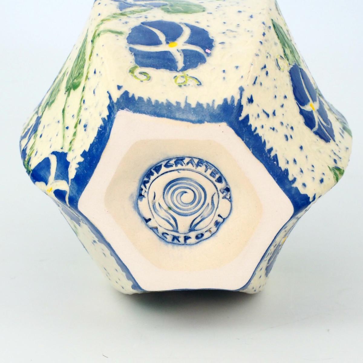 Handmade Sgraffito pottery, a hand carved ginger jar with morning glory vine picture